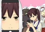  brown_eyes brown_hair brown_hakama cellphone closed_eyes commentary_request green_hair hair_between_eyes hakama hakama_skirt headband highres holding holding_phone japanese_clothes jewelry jitome kaga_(kantai_collection) kantai_collection long_hair masukuza_j multiple_girls muneate open_mouth phone red_hakama red_headband ring self_shot shoukaku_(kantai_collection) side_ponytail skirt smartphone smile tasuki twintails wedding_band white_hair you're_doing_it_wrong zuikaku_(kantai_collection) 