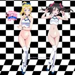  ayase_eli black_hair blonde_hair blue_eyes blush boots bottomless breasts checkered checkered_background checkered_floor collarbone earrings hair_ornament hair_ribbon hat highres jewelry large_breasts love_live! love_live!_school_idol_project maruze_circus multiple_girls navel no_panties pussy race_queen red_eyes ribbon small_breasts smile thigh_boots thighhighs yazawa_nico 