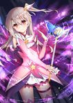  absurdres brown_eyes cowboy_shot detached_sleeves eyebrows_visible_through_hair fate/kaleid_liner_prisma_illya fate_(series) floating_hair hair_between_eyes hair_ornament highres holding holding_staff holster illyasviel_von_einzbern long_hair looking_at_viewer magical_girl magical_ruby magical_sapphire miniskirt pleated_skirt prisma_illya prisma_illya_(zwei_form) shiny shiny_skin side_ponytail silver_hair skirt smile solo sparkle staff standing thigh_holster thighhighs white_legwear white_skirt yiyu_qing_mang 