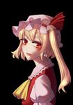 ascot black_background blonde_hair earrings fine_art_parody flandre_scarlet girl_with_a_pearl_earring hat highres inose_(murphy) jewelry long_hair looking_at_viewer mob_cap parody parted_lips red_eyes side_ponytail touhou yellow_neckwear 