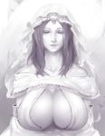 breasts cleavage closed_eyes dark_souls dress greyscale large_breasts long_hair materclaws monochrome queen_of_sunlight_gwynevere smile solo souls_(from_software) upper_body veil 