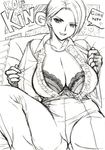  bra breasts character_name cleavage dress_shirt earrings english fingerless_gloves gloves greyscale jewelry king_(snk) large_breasts monochrome necklace open_clothes open_shirt shirt short_hair skidrow solo speech_bubble the_king_of_fighters underwear 