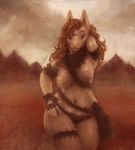  anthro bandanna breasts canteen clothed clothing equine female fingerless_gloves gloves hair hand_in_hair horse looking_at_viewer mammal mountain navel nipples outside partially_clothed raventenebris solo 