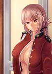  bangs breasts closed_mouth commentary_request fate/grand_order fate_(series) florence_nightingale_(fate/grand_order) kawahara_no_keidai large_breasts long_hair looking_at_viewer military military_uniform no_bra open_clothes open_shirt pink_hair red_eyes shirt solo uniform upper_body 