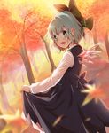 aqua_eyes autumn bangs blue_dress blue_hair bow cirno commentary dress fang hair_bow highres ice ice_wings kuromame_(8gou) lifted_by_self long_sleeves looking_at_viewer open_mouth outdoors short_hair skirt_hold sleeveless sleeveless_dress smile solo touhou tree wings 