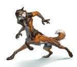 animal_genitalia canine chest_tuft claws collie dog fangs fully_sheathed hi_res hindpaw kahito_slydeft_(artist) male mammal muscular neck_tuft nude open_mouth paws running sheath signature simple_background solo taur tuft white_background 