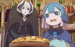  1girl :d black_cape black_eyes black_gloves black_hair blue_eyes blue_hair bright_pupils cape capelet child eyebrows_visible_through_hair food gloves hunchback indoors jacket jitome leaning_forward long_sleeves looking_at_another made_in_abyss maid maid_headdress maruruk mi_(pic52pic) mittens multicolored_hair open_mouth otoko_no_ko ozen parted_lips shelf short_hair smile standing two-tone_hair whistle white_hair window 
