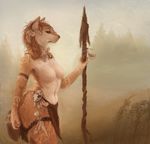  anthro bone breasts canine clothed clothing dagger feathers featureless_breasts female fog grass hair loincloth mammal melee_weapon outside polearm raventenebris side_view solo spear standing topless tree weapon 