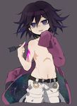  arrow blood danganronpa holding_arrow jacket long_sleeves male_focus new_danganronpa_v3 open_mouth ouma_kokichi pink_blood purple_background purple_eyes purple_hair shirtless smile spoilers suke_(mo8460) 