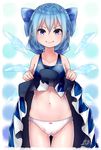  ass_visible_through_thighs bangs bare_shoulders blue_bow blue_dress blue_eyes blue_hair bow bow_panties cirno closed_mouth collarbone commentary cowboy_shot dress dress_lift hair_between_eyes hair_bow highres hiyashi_mikan ice ice_wings lifted_by_self looking_at_viewer navel panties red_bow short_hair signature smile solo standing stomach thigh_gap touhou underwear white_panties wings 