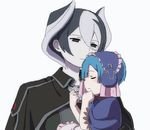  1girl bad_id bad_twitter_id bangs black_cape black_eyes blue_hair blunt_bangs blush cape capelet carrying child closed_eyes closed_mouth commentary grey_hair hair_between_eyes highres hug made_in_abyss maid maid_headdress maruruk mi_(pic52pic) multicolored_hair otoko_no_ko ozen parted_lips pouch short_hair sleeping smile two-tone_hair whistle white_hair 