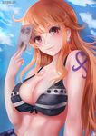  bad_id bad_pixiv_id blush breasts cleavage closed_mouth commentary_request earrings jewelry large_breasts long_hair looking_at_viewer money nami_(one_piece) one_piece orange_eyes orange_hair smile solo suterisu tattoo upper_body 