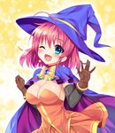  ;d ahoge alice_wishheart blue_cape blue_eyes blue_hat bow bowtie breasts brown_gloves bucchake_(asami) cape cowboy_shot earrings gloves happy hat jewelry light_particles looking_at_viewer magical_halloween medium_breasts one_eye_closed open_mouth orange_skirt pink_hair shiny shiny_skin short_hair skirt smile solo star star_earrings witch_hat yellow_background yellow_bow 