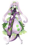  antenna_hair asame21 beads black_legwear boots earrings full_body gen_6_pokemon goodra green_eyes hair_beads hair_ornament highres jewelry long_hair looking_at_viewer midriff navel personification pokemon puffy_pants purple_hair solo standing tail white_footwear 