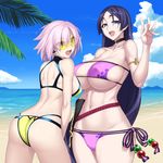  :d ass back bare_shoulders beach bikini black_gloves blue_eyes blue_sky bnc_(bunshi) breasts choker cleavage cloud collarbone commentary_request covered_nipples day dive_to_blue earpiece eyepatch_bikini fate/grand_order fate_(series) gloves highres large_breasts long_hair looking_at_viewer mash_kyrielight minamoto_no_raikou_(fate/grand_order) minamoto_no_raikou_(swimsuit_lancer)_(fate) mountain multiple_girls navel ocean open_mouth outdoors palm_tree purple_bikini purple_eyes purple_hair short_hair side-tie_bikini sideboob single_glove sky smile swimsuit teeth tree very_long_hair visor waving_arm yellow_bikini 