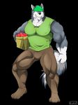  2017 anthro apple biceps box bulge canine clothing digital_media_(artwork) dragon0324r food fruit fur hi_res male mammal muscular muscular_male nipple_bulge solo teeth 