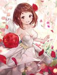  :d artist_name bare_arms bare_shoulders blurry blush boku_no_hero_academia bouquet breasts brown_eyes brown_hair cleavage collarbone cowboy_shot depth_of_field dress flower gio_(maroon0924) hair_flower hair_ornament holding holding_bouquet looking_at_viewer medium_breasts open_mouth pavement petals red_flower red_rose revision rose round_teeth short_hair sleeveless sleeveless_dress smile solo sparkle teeth upper_teeth uraraka_ochako wedding_dress white_dress wind 