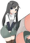  1girl arm_warmers asashio_(kantai_collection) ass between_legs black_hair black_legwear blue_eyes blush clenched_teeth eyebrows_visible_through_hair green_skirt hand_between_legs hands_together have_to_pee kantai_collection long_hair looking_to_the_side minamimachi_naname multiple_views panties pleated_skirt shiny_skin shirt short_sleeves simple_background skirt solo standing suspenders teeth thighhighs underwear upskirt v_arms white_background white_panties white_shirt zettai_ryouiki 