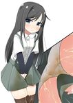  1girl arm_warmers artist_request asashio_(kantai_collection) ass between_legs black_hair black_legwear blue_eyes blush eyebrows_visible_through_hair green_skirt hand_between_legs hands_together have_to_pee kantai_collection long_hair looking_to_the_side multiple_views panties pee_stain peeing peeing_self pleated_skirt shiny_skin shirt short_sleeves simple_background skirt solo standing suspenders thighhighs underwear upskirt v_arms wet_clothes wet_panties wet_skirt white_background white_panties white_shirt zettai_ryouiki 