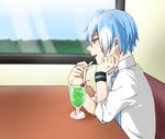  bad_id bad_pixiv_id blue_hair blue_neckwear cherry cup drinking_glass food fruit male_focus matsudappoiyo multicolored_hair necktie open_mouth red_eyes roz_(hal20010910) solo streaked_hair table utau white_hair window wristband 