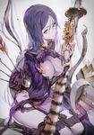  arrow bodysuit bow bow_(weapon) closed_mouth commentary_request fate/grand_order fate_(series) holding holding_sword holding_weapon hong light_smile long_hair minamoto_no_raikou_(fate/grand_order) purple_bodysuit purple_eyes purple_hair quiver rope sheath sheathed sitting smile solo sword weapon 