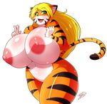  2017 alpha_channel anthro areola big_breasts blonde_hair blush breasts clothing feline female fur green_eyes hair happy hi_res huge_breasts hyper looking_at_viewer mammal nipples nude orange_fur ryousakai simple_background slightly_chubby smile solo stripes tabytha tiger transparent_background v_sign 