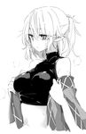  bare_shoulders breasts greyscale hair_between_eyes kamukamu_(ars) medium_breasts mizuhashi_parsee monochrome pointy_ears ponytail simple_background solo sweat sweater taut_clothes touhou turtleneck turtleneck_sweater upper_body white_background 