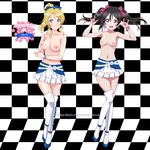  ayase_eli black_hair blonde_hair blue_eyes blush boots breasts checkered checkered_background checkered_floor collarbone earrings hair_ornament hair_ribbon hat highres jewelry large_breasts love_live! love_live!_school_idol_project maruze_circus multiple_girls navel nipples no_bra race_queen red_eyes ribbon small_breasts smile thigh_boots thighhighs topless yazawa_nico 