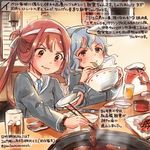  alcohol animal asagumo_(kantai_collection) beer beer_mug blue_neckwear bowl brown_eyes brown_hair chopsticks colored_pencil_(medium) commentary_request dated eating food hamster holding holding_bowl holding_chopsticks kantai_collection kirisawa_juuzou long_hair long_sleeves multiple_girls necktie non-human_admiral_(kantai_collection) numbered silver_hair traditional_media translation_request twitter_username yamagumo_(kantai_collection) 