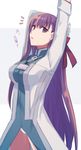  aoki_shizumi arm_up bb_(fate)_(all) bb_(fate/extra_ccc) character_name cosplay cowboy_shot fate/extra fate/extra_ccc fate/grand_order fate_(series) gloves hair_ribbon lanyard long_hair long_sleeves looking_at_viewer name_tag open_mouth panties purple_eyes purple_hair red_ribbon ribbon romani_archaman romani_archaman_(cosplay) solo stretch translated underwear very_long_hair white_gloves white_panties 
