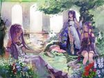 black_dress blue_flower dress euryale fate/grand_order fate/hollow_ataraxia fate/stay_night fate_(series) flower grass hairband kanimiso_(user_cnb0218) leaf lolita_hairband long_hair multiple_girls partially_submerged plant pond purple_eyes purple_hair red_flower rider sandals siblings sisters sitting smile standing stheno strapless strapless_dress tree twintails very_long_hair white_dress white_flower 