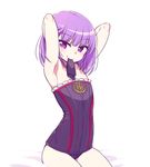  armpits arms_up bangs bare_arms bare_shoulders bed blunt_bangs blush chan_co closed_mouth commentary_request cowboy_shot eyebrows_visible_through_hair fate/grand_order fate_(series) flat_chest helena_blavatsky_(fate/grand_order) legs_together looking_at_viewer mouth_hold on_bed purple_eyes purple_hair short_hair simple_background sitting smile solo tying_hair vest white_background 