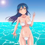  1girl bikini blue_hair blush breasts large_breasts looking_at_viewer love_live! love_live!_school_idol_project maruze_circus navel ocean shell_bikini smile solo sonoda_umi yellow_eyes 