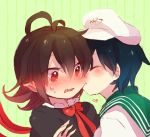  2girls anchor_symbol antenna_hair black_hair bow bowtie cheek_kiss eyes_closed fang hair_between_eyes hat heart houjuu_nue kiss looking_at_another lowres multiple_girls murasa_minamitsu open_mouth pointy_ears red_eyes red_neckwear red_wings short_hair soiri_(us) sweat touhou upper_body white_hat wings yuri 