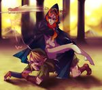  2girls blonde_hair blue_eyes brown_hair femdom girl_on_top gloves hat human_chair human_furniture link long_hair midna midna_(true) multiple_girls pointy_ears princess_zelda red_eyes red_hair robe sitting sitting_on_person spoilers sword the_legend_of_zelda the_legend_of_zelda:_twilight_princess toile_ga_chikaize weapon 