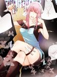  apron arakawa_under_the_bridge bandana boots breasts bug butterfly cleavage dress hand_on_own_face head_scarf highres insect knife long_hair maria_(arakawa) medium_breasts nun pink_eyes pink_hair ryoko_(game_x_over) solo thigh_strap weapon 