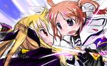  bardiche battle blonde_hair blush brown_hair duel fate_testarossa lyrical_nanoha mahou_shoujo_lyrical_nanoha mahou_shoujo_lyrical_nanoha_the_movie_1st mtr multiple_girls purple_eyes raising_heart red_eyes takamachi_nanoha twintails 