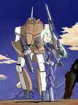  alien armor battle_rifle bayonet blush choujikuu_yousai_macross closed_eyes cloud fg42 giantess green_hair gun gunpod happy inui's_meltran inui_(jt1116) long_hair macross mecha meltrandi pilot_suit pointy_ears queadol-magdomilla rifle ruins science_fiction size_difference smile smoke space_craft variable_fighter vf-1 vf-1a weapon wreckage zentradi 