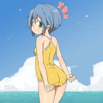  adjusting_clothes adjusting_swimsuit blue_hair competition_swimsuit green_eyes looking_back nemuro_nao one-piece_swimsuit original short_hair solo swimsuit 
