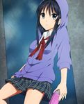  aerosol akiyama_mio bad_id bad_pixiv_id black_hair blue_eyes can doorway hood hoodie k-on! leaning long_hair marai_shin no_thank_you! plaid plaid_skirt pleated_skirt school_uniform skirt solo spray_can 