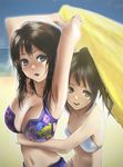  akitama arms_up bad_id bad_pixiv_id beach bikini breasts brown_eyes brown_hair cleavage day large_breasts multiple_girls navel open_mouth original smile swimsuit towel 