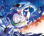  blue_hair food fruit hat hinanawi_tenshi long_hair peach red_eyes solo sword sword_of_hisou touhou ushiki_yoshitaka weapon 