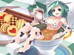  animal_ears animal_print bikini_top bottomless braid christinya cinnamon_stick cookie cow_ears cow_girl cow_print cup elbow_gloves food gloves green_hair half_updo highres in_container in_cup in_food jug long_hair looking_at_viewer minigirl open_mouth original smile solo sugar_cube tea teacup thighhighs wallpaper wrist_cuffs yellow_eyes 