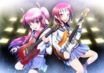  absurdres angel_beats! bad_id bad_pixiv_id cable guitar highres instrument iwasawa long_hair multiple_girls ogata_sai one_eye_closed open_mouth pink_eyes pink_hair plectrum red_eyes red_hair school_uniform short_hair two_side_up yui_(angel_beats!) 