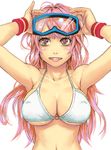  armpits bad_id bad_pixiv_id bikini_top blush breasts brown_eyes cleavage face goggles goggles_on_head grin large_breasts lips long_hair navel o-ring o-ring_top original pink_hair simple_background smile solo star swimsuit symbol-shaped_pupils upper_body white_background wristband yuuji_(and) 
