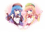  1girl aqua_eyes beads beret blue_eyes blue_hair bow brown_bow dress elbow_gloves fingerless_gloves furfur gloves hat heart jewelry long_hair murasakigo orange_hair otoko_no_ko symmetry umineko_no_naku_koro_ni zepar 