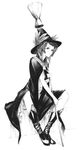  boots broom cloak copyright_request feathers full_body greyscale hat long_hair monochrome sitting solo sousou_(sousouworks) witch witch_hat 