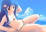  bikini blue_hair emurin flat_chest food fruit hinanawi_tenshi long_hair peach red_eyes solo swimsuit touhou 