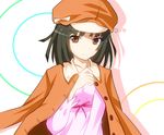  bakemonogatari black_hair brown_eyes cabbie_hat hat jacket_on_shoulders kusuri_(medicine) monogatari_(series) sengoku_nadeko short_hair solo 