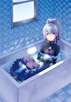  bad_id bad_pixiv_id bath checkered darker_than_black ponytail rakuto_mangan ribbon silver_hair solo water white_hair yin 